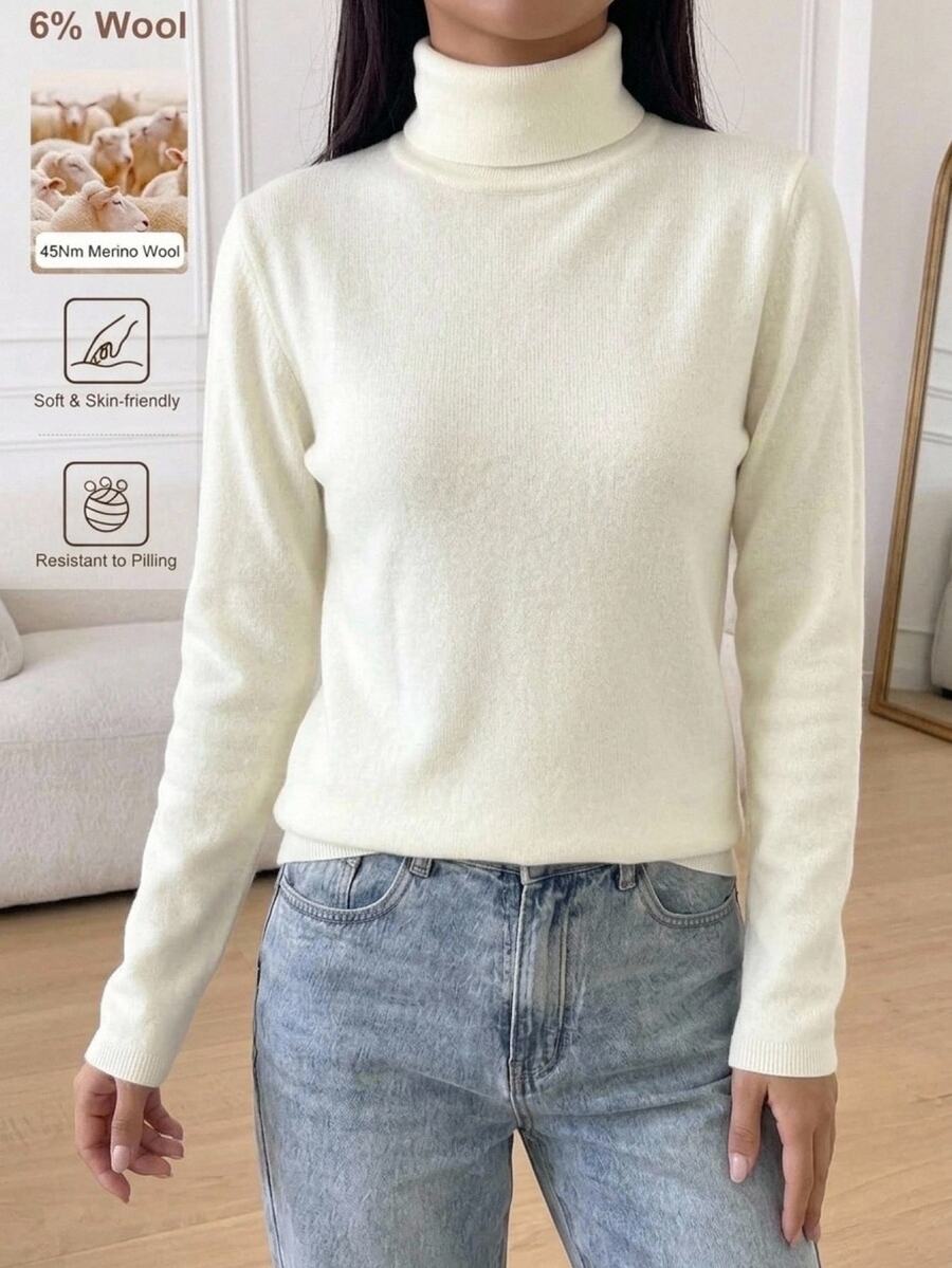 SHEIN Tween女孩 2025新款秋冬純色修身高領套頭針織毛衣,長袖內搭底層保暖衣,時尚簡約風格 - 米色 - 查看 1
