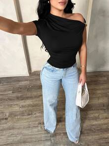 SHEIN SXY 女士性感优雅简约棕色不对称领口休闲百搭上衣 - 黑色 - 查看 3