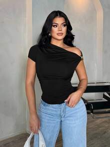 SHEIN SXY 女士性感优雅简约棕色不对称领口休闲百搭上衣 - 黑色 - 查看 7