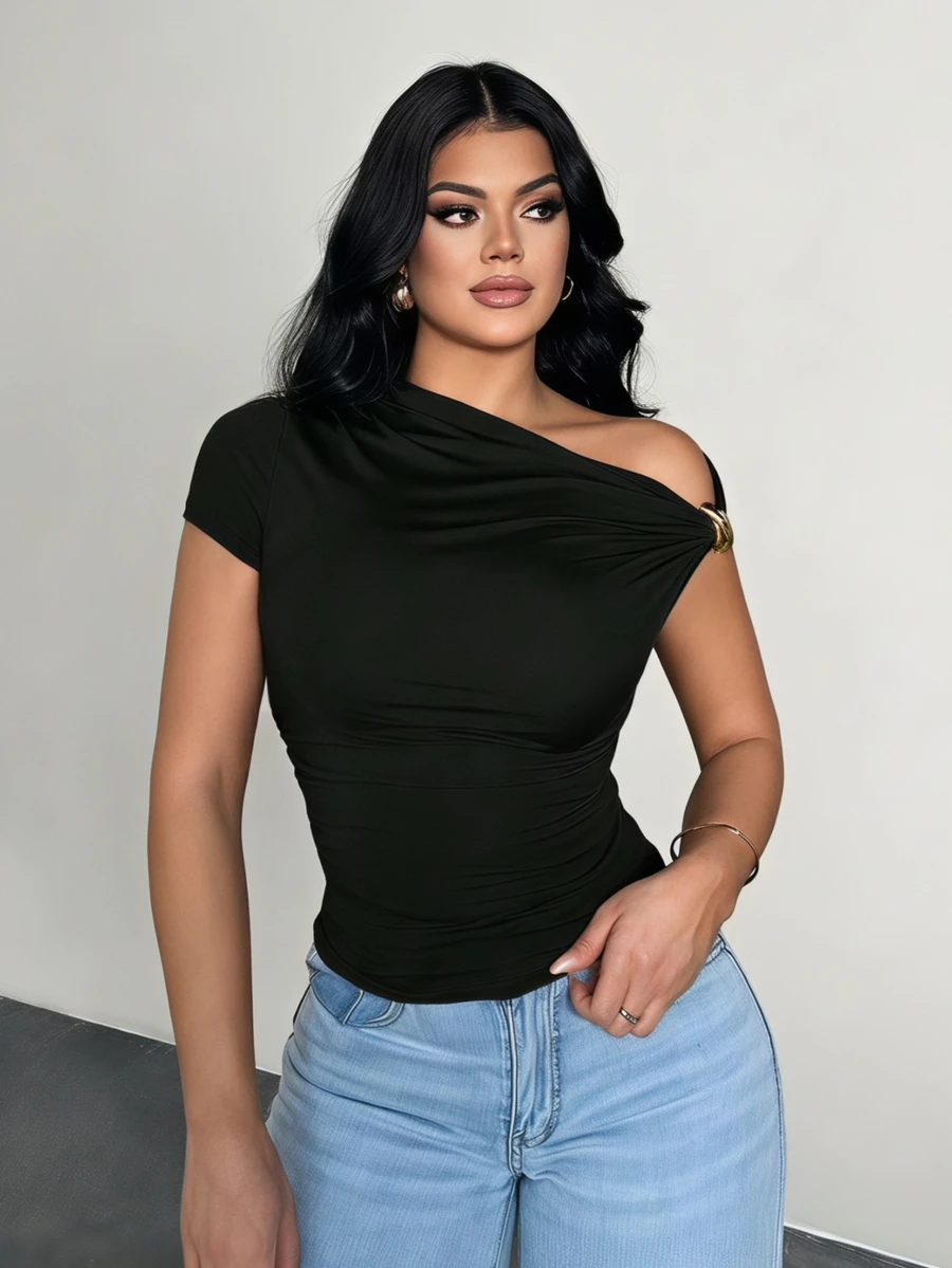 SHEIN SXY 女士性感优雅简约棕色不对称领口休闲百搭上衣 - 黑色 - 查看 1