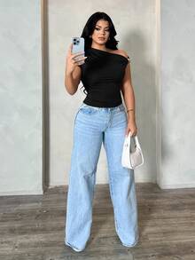 SHEIN SXY 女士性感优雅简约棕色不对称领口休闲百搭上衣 - 黑色 - 查看 4