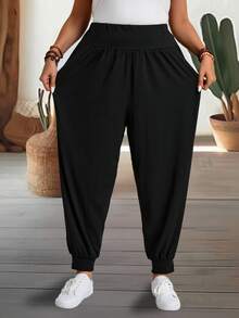 EMERY ROSE Plus Size Solid Color Casual Baggy Elegant Pants Drawstring Cuffs Loose Fit Autumn Vacations Formal Home Wear Black - Black - View 10