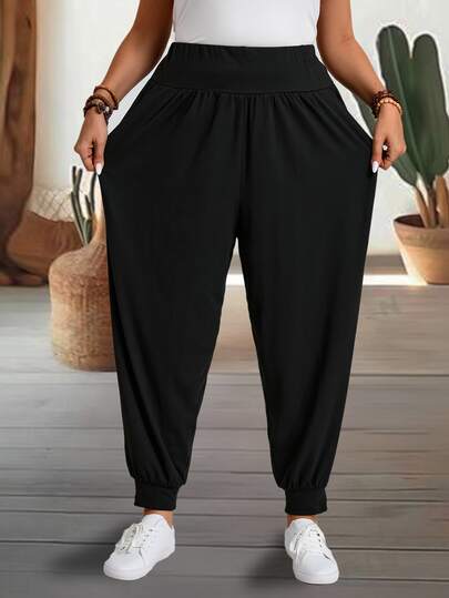 EMERY ROSE Celana Panjang Ukuran Besar Warna Polos Kasual Longgar Elegan dengan Tali Serut di Bagian Bawah, Potongan Longgar, Cocok untuk Liburan Musim Gugur, Pakaian Rumah Formal, Warna Hitam