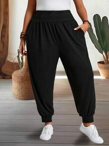EMERY ROSE Plus Size Solid Color Casual Baggy Elegant Pants Drawstring Cuffs Loose Fit Autumn Vacations Formal Home Wear Black - Black - View 6