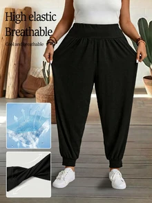 EMERY ROSE Plus Size Solid Color Casual Baggy Elegant Pants Drawstring Cuffs Loose Fit Autumn Vacations Formal Home Wear Black - Black - View 9