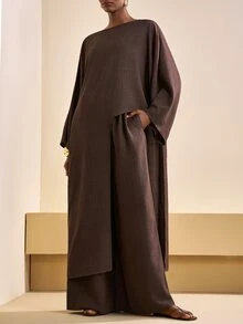 SHEIN Tall CURVE Plus Size Solid Color Asymmetrical Hem Long Robe Loose Wide Leg Pants With Pockets 2 Pieces Set Brunch Vacation Brown Autumn Elegant Casual - Brown - View 3