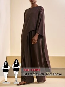 SHEIN Tall CURVE Plus Size Solid Color Asymmetrical Hem Long Robe Loose Wide Leg Pants With Pockets 2 Pieces Set Brunch Vacation Brown Autumn Elegant Casual - Brown - View 1