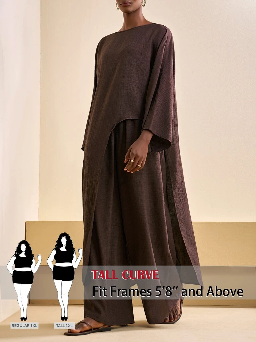 SHEIN Tall CURVE Plus Size Solid Color Asymmetrical Hem Long Robe Loose Wide Leg Pants With Pockets 2 Pieces Set Brunch Vacation Brown Autumn Elegant Casual - Brown - View 1