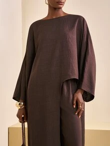 SHEIN Tall CURVE Plus Size Solid Color Asymmetrical Hem Long Robe Loose Wide Leg Pants With Pockets 2 Pieces Set Brunch Vacation Brown Autumn Elegant Casual - Brown - View 7