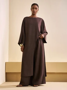 SHEIN Tall CURVE Plus Size Solid Color Asymmetrical Hem Long Robe Loose Wide Leg Pants With Pockets 2 Pieces Set Brunch Vacation Brown Autumn Elegant Casual - Brown - View 4