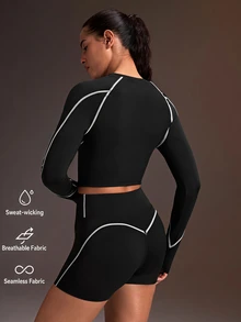 Powerista Women's Contrast Stitching Raglan Long Sleeve T-Shirt And Shorts Sports Set - Black - View 2
