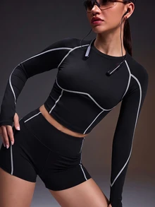 Powerista Women's Contrast Stitching Raglan Long Sleeve T-Shirt And Shorts Sports Set - Black - View 1