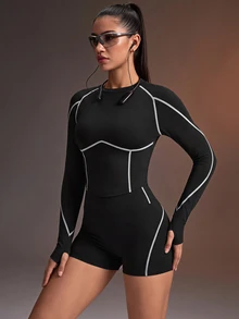 Powerista Women's Contrast Stitching Raglan Long Sleeve T-Shirt And Shorts Sports Set - Black - View 8