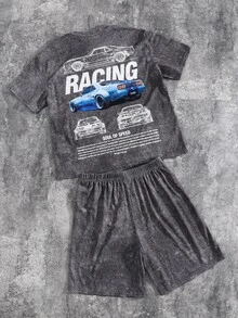 SHEIN 2件組兒童/青少年男孩深灰色賽車圖案印花刷毛T恤與短褲套裝，寬鬆圓領夏季街頭風城市度假休閒裝 - 灰色 - 查看 4