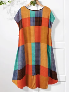 Rusticease Plus Size Women Plaid Round Neck Batwing Sleeve Casual Dress For Summer - Blue - View 2