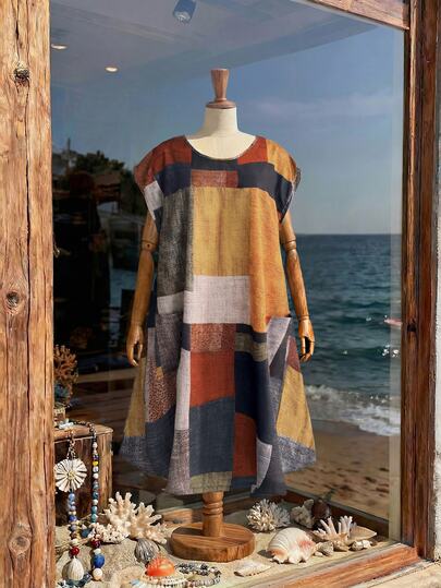 Rusticease Plus Size Grey Summer Boho Elegant Vacation Holiday Colorblock Print Casual Dress For Women, Country Style Beach Brunch Formal Outfits Seaside Retro