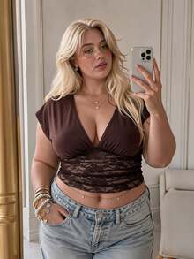 SHEIN MOD Plus Size Women's Sexy Deep V-Neck Loose Top With Tight Waist Ruched Lace Patchwork T-Shirt Date Night Brown Autumn/Winter Christmas New Year - Brown - View 9