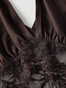 SHEIN MOD Plus Size Women's Sexy Deep V-Neck Loose Top With Tight Waist Ruched Lace Patchwork T-Shirt Date Night Brown Autumn/Winter Christmas New Year - Brown - View 5
