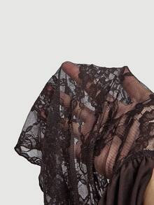 SHEIN MOD Plus Size Women's Sexy Deep V-Neck Loose Top With Tight Waist Ruched Lace Patchwork T-Shirt Date Night Brown Autumn/Winter Christmas New Year - Brown - View 11
