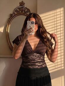 SHEIN MOD Plus Size Women's Sexy Deep V-Neck Loose Top With Tight Waist Ruched Lace Patchwork T-Shirt Date Night Brown Autumn/Winter Christmas New Year - Brown - View 7