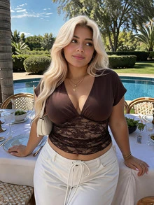 SHEIN MOD Plus Size Women's Sexy Deep V-Neck Loose Top With Tight Waist Ruched Lace Patchwork T-Shirt Date Night Brown Autumn/Winter Christmas New Year - Brown - View 8