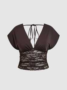 SHEIN MOD Plus Size Women's Sexy Deep V-Neck Loose Top With Tight Waist Ruched Lace Patchwork T-Shirt Date Night Brown Autumn/Winter Christmas New Year - Brown - View 2