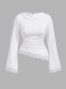 SHEIN MOD Plus Size Women's Solid Color Bell Sleeve Lace Hem Fashion T-Shirt Fall - White - View 2
