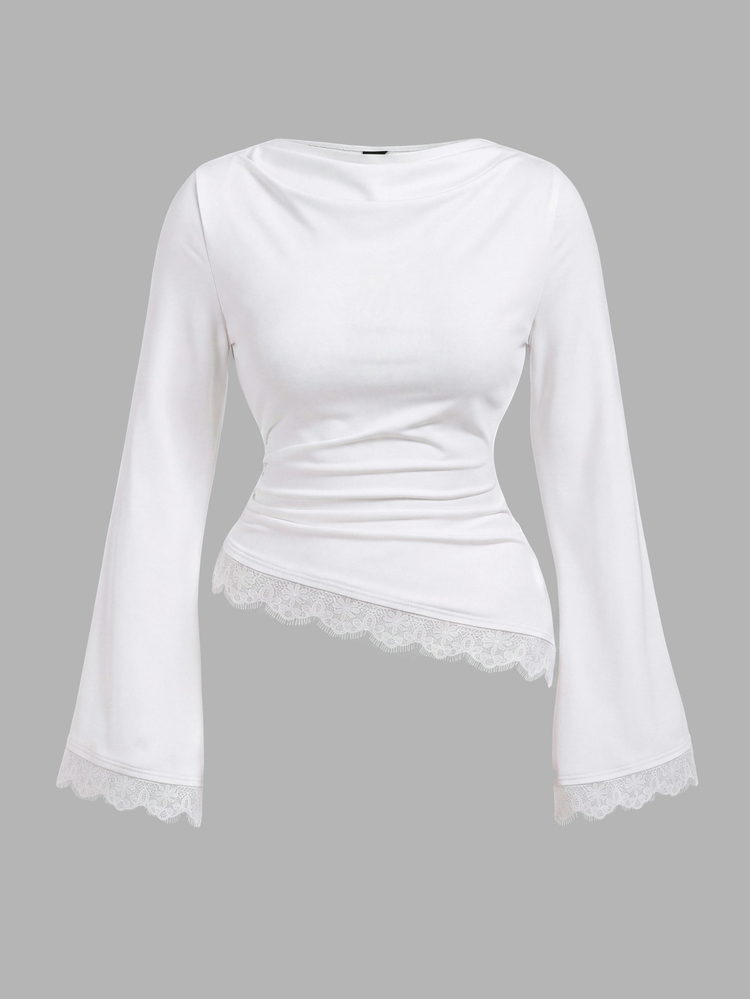 SHEIN MOD Plus Size Women's Solid Color Bell Sleeve Lace Hem Fashion T-Shirt Fall - White - View 2