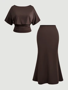 SHEIN MOD Plus Size New Autumn Backless Top And Skirts 2 Pieces Set, Suitable For Commuting And Street Style Versatile And Elegant Suit For Everyday Wear - Mocha Brown - View 2