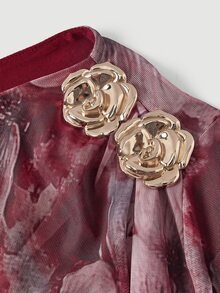 SHEIN MOD 大尺碼女款花卉印花不對稱肩金屬3D花飾優雅連身裙 秋季 - 彩色 - 查看 4