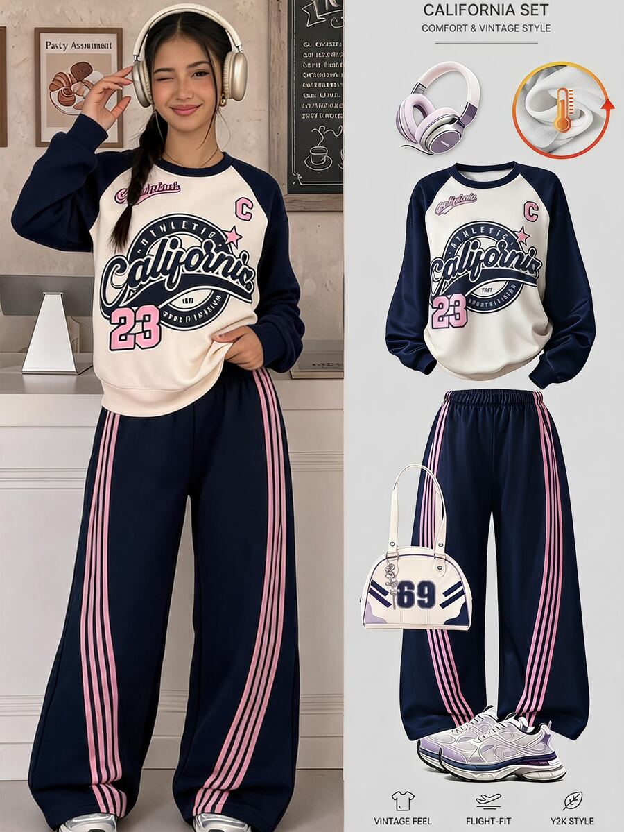 SHEIN 青少年女孩秋季上衣加長袖字母印花 California 圖案白色粉色運動褲 2 件套休閒街頭風寬鬆運動服套裝 - 藍色 - 查看 1