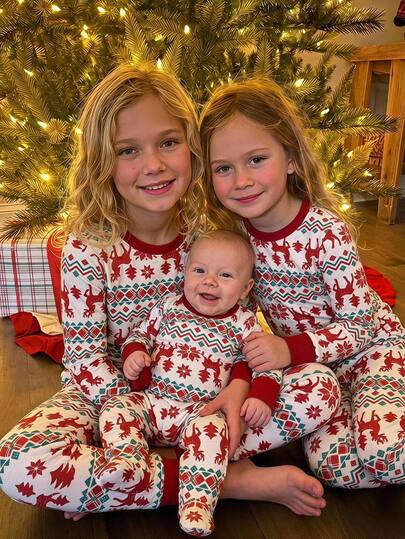SHEIN Baby Girl Baby Girl Knitted Simple Fashion Elegant Floral Print Long Sleeve Pants Comfortable Snug Fit Loungewear Two Pieces Set, Suitable For Christmas, Holidays, Parties, Photography