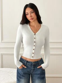 SHEIN PETITE 女款時尚百搭休閒鈕扣長袖針織開襟衫，日常上學穿搭，白色，秋季 - 白色 - 查看 7