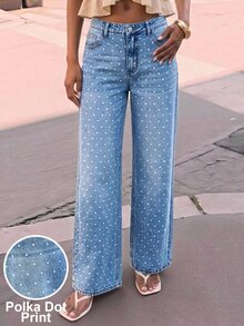 Maija Celana Jeans Wanita Longgar Kaki Lebar Kasual Motif Polkadot, Pakaian Musim Gugur untuk Wanita, Pakaian Musim Dingin, Jeans Serbaguna, Motif Polkadot Gaya Prancis, Pakaian Kantor, Pakaian Komuter. - Biru - View 2