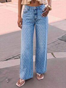 Maija Celana Jeans Wanita Longgar Kaki Lebar Kasual Motif Polkadot, Pakaian Musim Gugur untuk Wanita, Pakaian Musim Dingin, Jeans Serbaguna, Motif Polkadot Gaya Prancis, Pakaian Kantor, Pakaian Komuter. - Biru - View 10