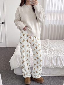 Comfortcana 女款法蘭絨小熊與蝴蝶結圖案印花長褲，秋季服飾，女款秋冬長褲，可愛小熊，基礎款，派對穿搭，節日穿搭 - 彩色 - 查看 7