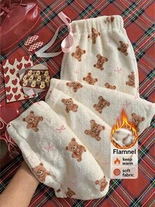 Comfortcana 女款法蘭絨小熊與蝴蝶結圖案印花長褲，秋季服飾，女款秋冬長褲，可愛小熊，基礎款，派對穿搭，節日穿搭 - 彩色 - 查看 2
