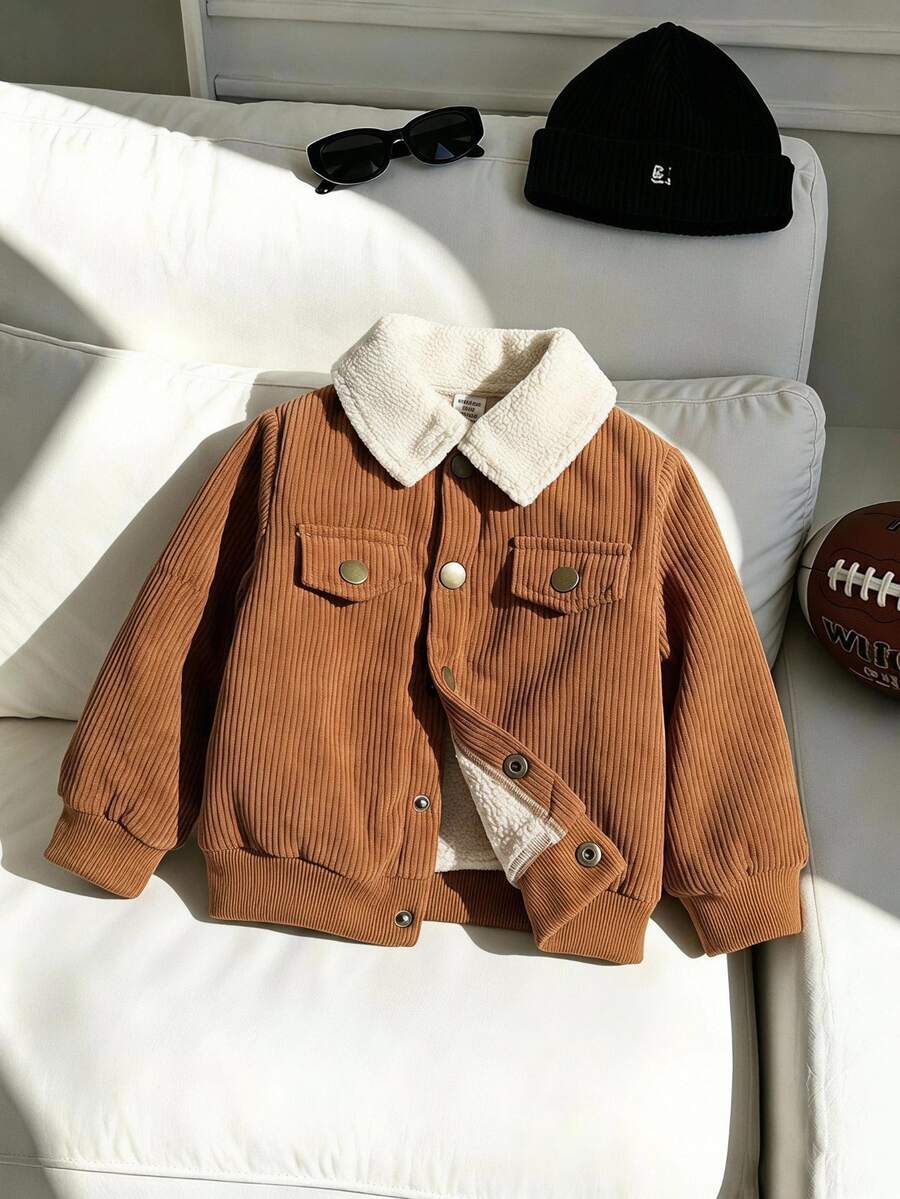 SHEIN Vintaside Kids 男嬰 0-3 歲休閒短版保守款翻蓋口袋保暖內裡夾克，適合秋冬，棕色