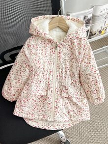 SHEIN 女童冬季連帽拉鍊棉襖外套，杏色碎花，保暖內裡，修身收腰，附口袋，休閒西式女童棉襖 - 彩色 - 查看 4
