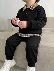 SHEIN 2pcs/Set Young Boy's Casual Preppy Style Outfit, Featuring Unique Plaid Splice Top Paired With Pants. Autumn Fall Birthday - Black - View 1