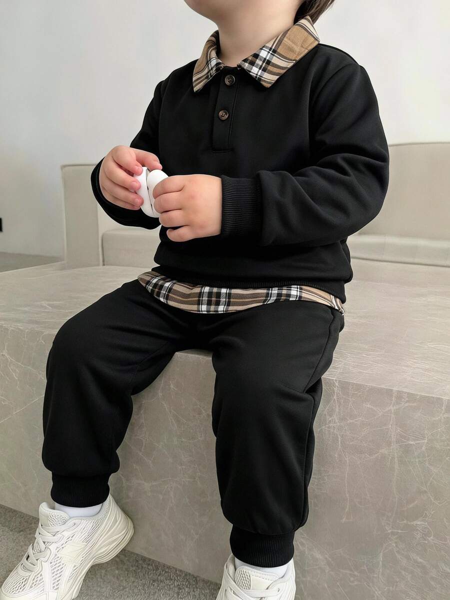 SHEIN 2pcs/Set Young Boy's Casual Preppy Style Outfit, Featuring Unique Plaid Splice Top Paired With Pants. Autumn Fall Birthday - Black - View 1
