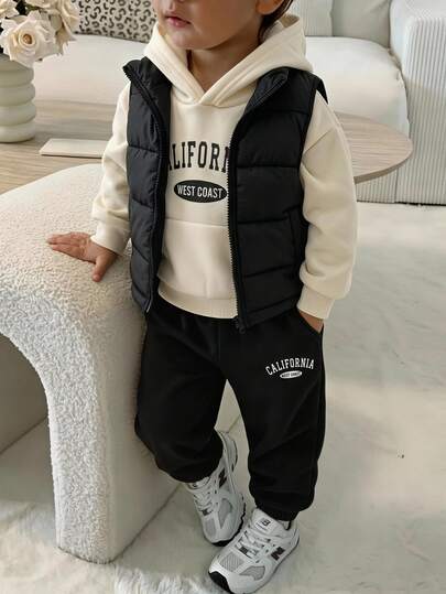SHEIN Genkimix Kids 3pcs Young Boy Fashion Casual Warm Outfit Set: Thicken Sleeveless Vest, American Letter Hoodie Sweatshirt, Sports Casual Sweatpants, Autumn