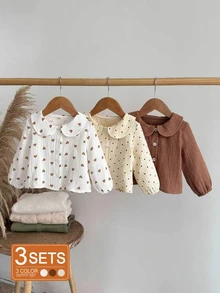 SHEIN Vintaside Kids 3件組女嬰荷葉領襯衫套裝，秋季居家度假風，棕色米色可愛女寶款 - 彩色 - 查看 3