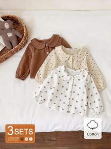 SHEIN Vintaside Kids 3件組女嬰荷葉領襯衫套裝，秋季居家度假風，棕色米色可愛女寶款 - 彩色 - 查看 2
