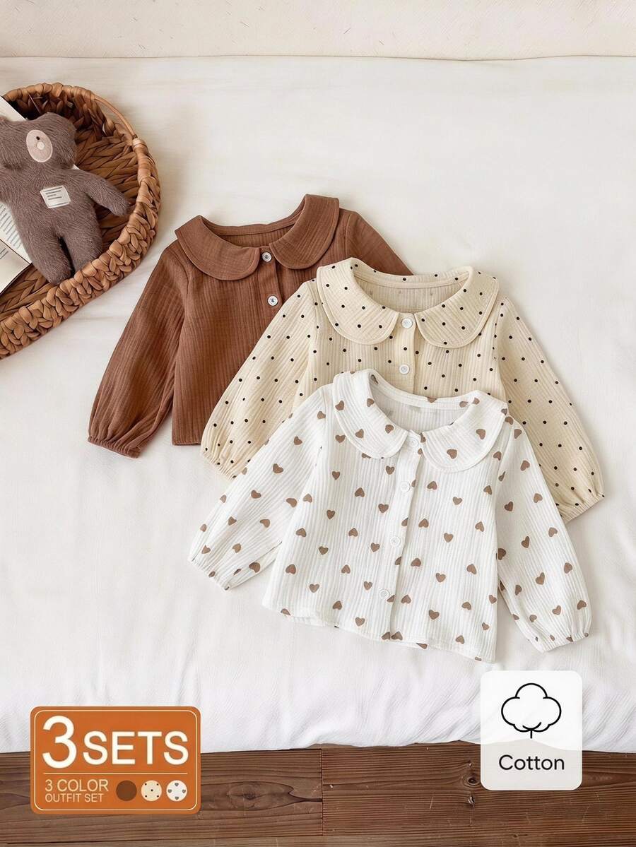 SHEIN Vintaside Kids 3件組女嬰荷葉領襯衫套裝，秋季居家度假風，棕色米色可愛女寶款
