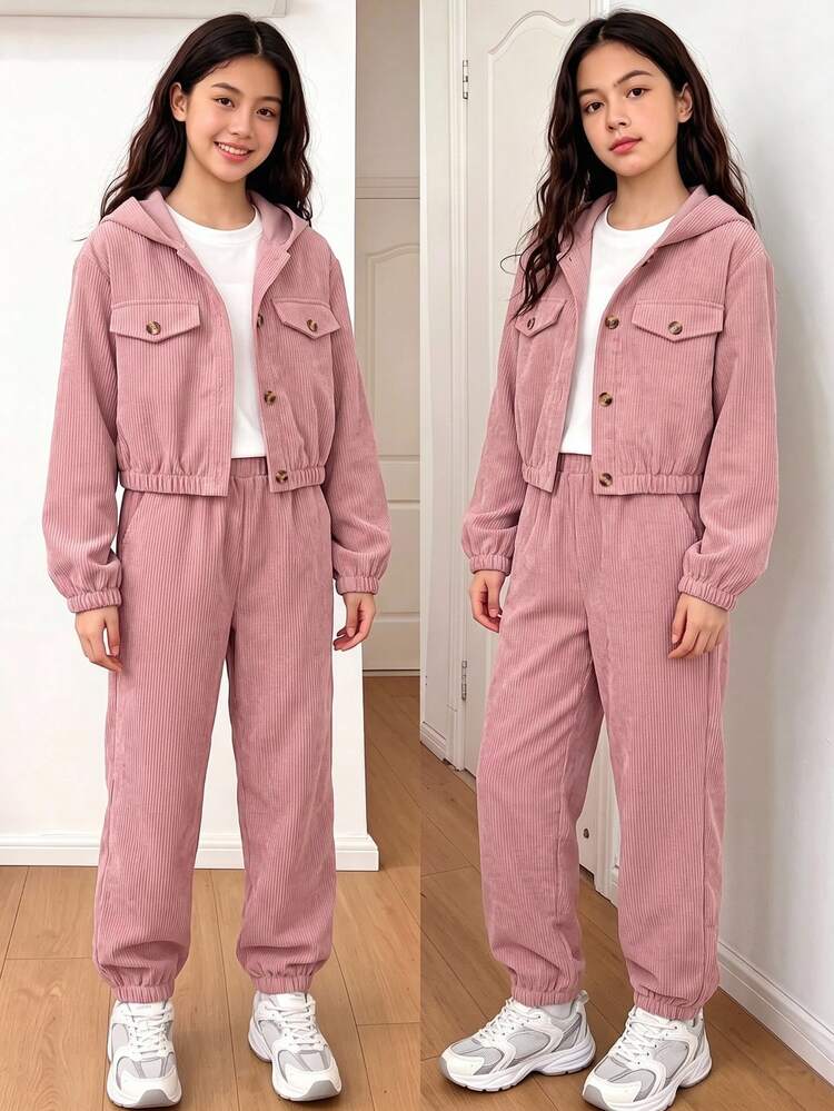 SHEIN Tween女孩長袖抓絨秋季套裝 2件/套 可愛牛仔女郎單排扣連帽外套長褲 秋冬校園風 灰粉色 - 粉色 - 查看 1