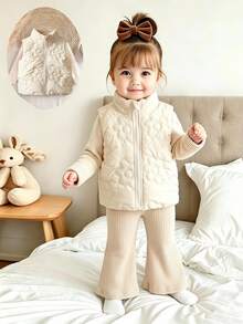 SHEIN Vintaside Kids 女嬰秋季無袖拉鍊簡約百搭輕量修身背心，適合冷季日常穿著、戶外、俱樂部、健身房，米白色牛仔女孩風 - 杏色 - 查看 2