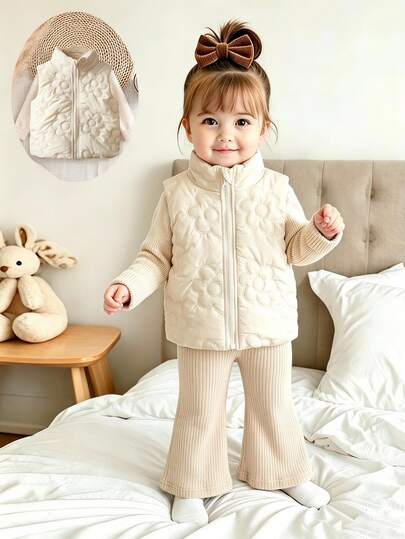 SHEIN Vintaside Kids 女嬰秋季無袖拉鍊簡約百搭輕量修身背心，適合冷季日常穿著、戶外、俱樂部、健身房，米白色牛仔女孩風