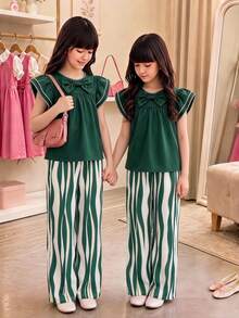 SHEIN 青少年女孩蝴蝶結飛袖T恤套裝，度假、返校、夏季、假日穿搭，80年代家庭風，祖母綠與白色 - 綠色 - 查看 2
