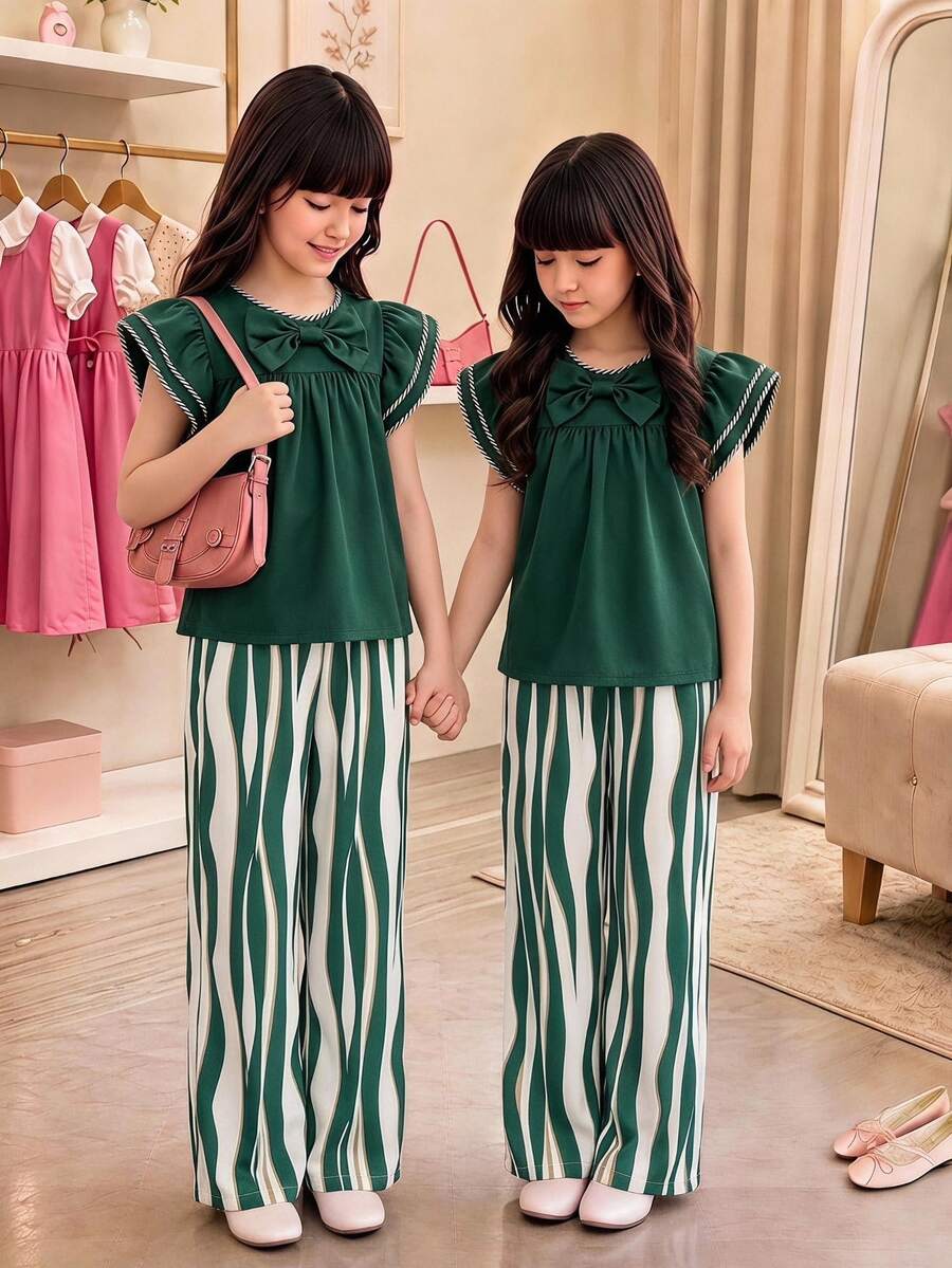 SHEIN 青少年女孩蝴蝶結飛袖T恤套裝，度假、返校、夏季、假日穿搭，80年代家庭風，祖母綠與白色